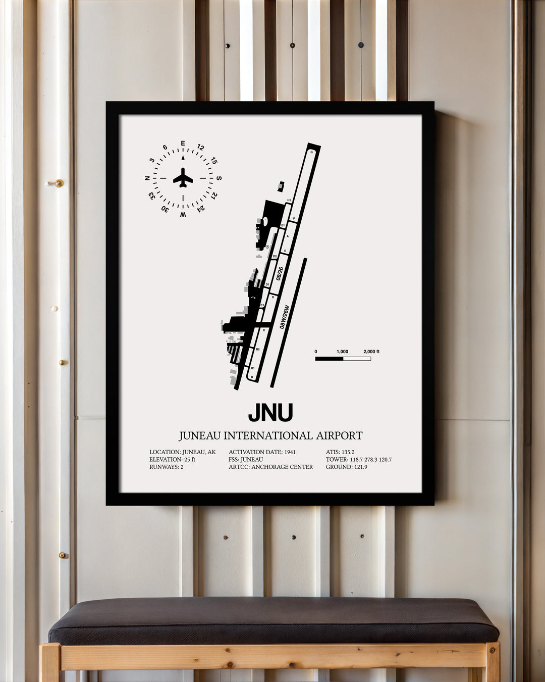 Framed Detailed Airport Map of Juneau International Airport (JNU) in White with a Black Frame