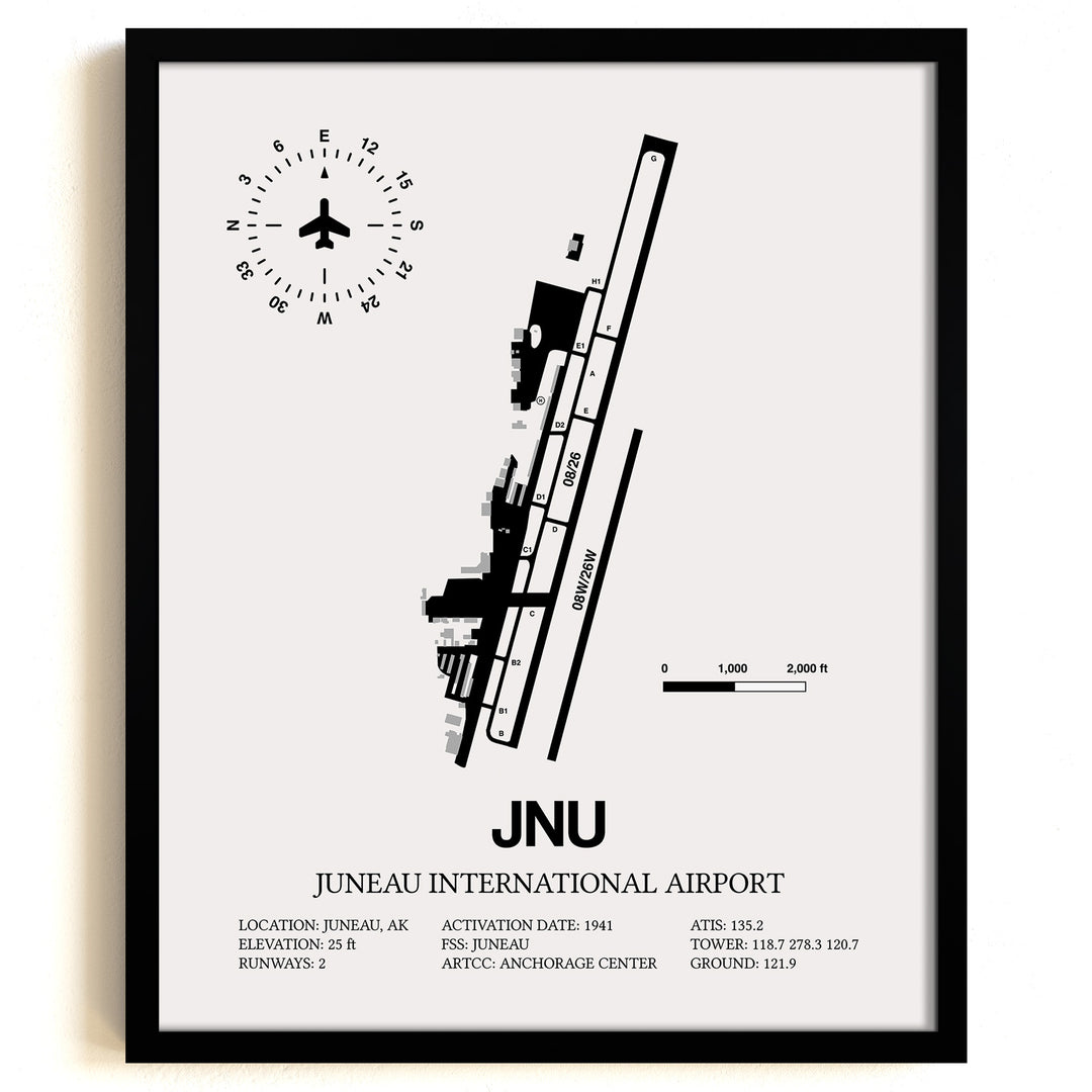 Framed Detailed Airport Map of Juneau International Airport (JNU) in White with a Black Frame