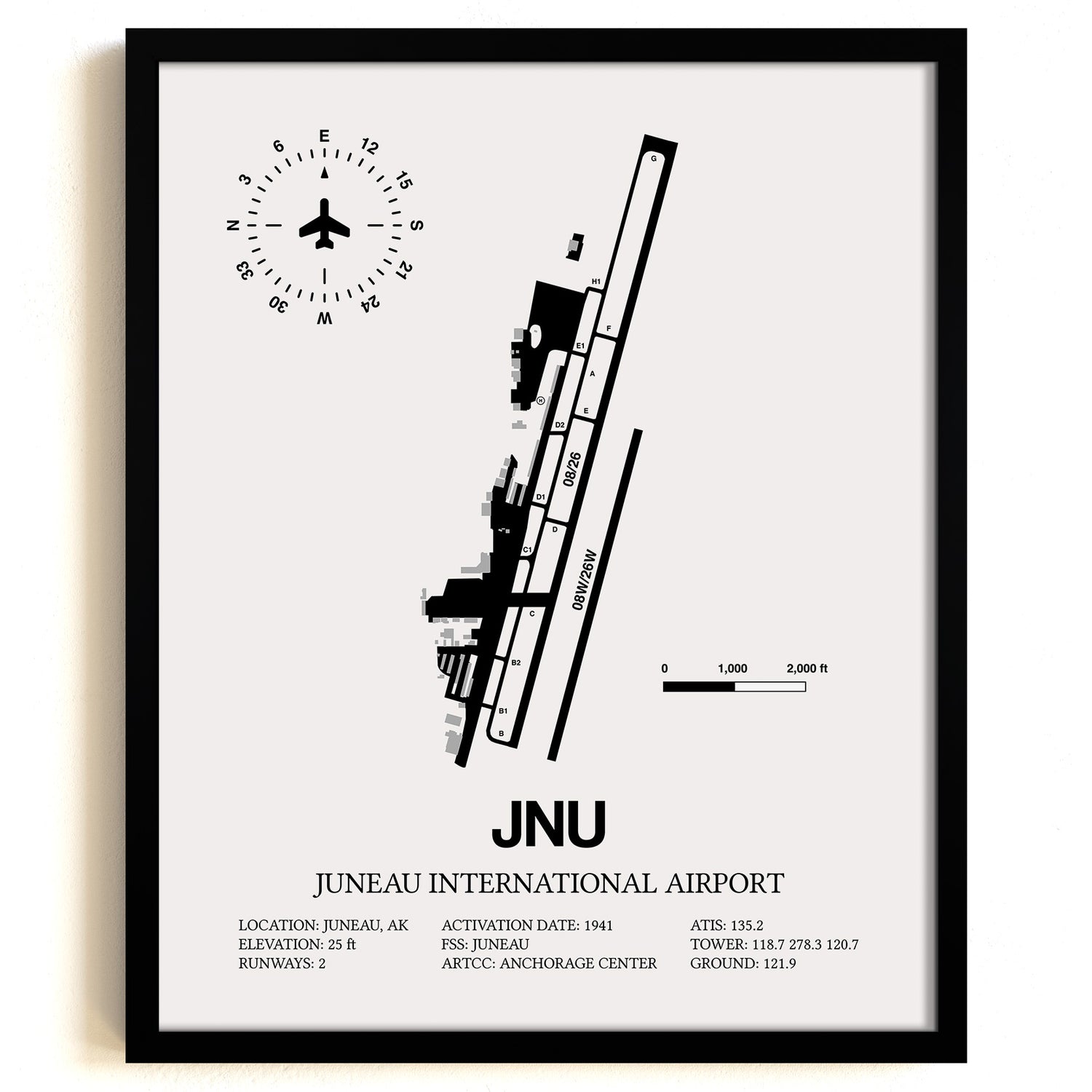 Framed Detailed Airport Map of Juneau International Airport (JNU) in White with a Black Frame