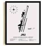 Framed Detailed Airport Map of Juneau International Airport (JNU) in White with a Black Frame