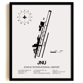 Framed Detailed Airport Map of Juneau International Airport (JNU) in White with a Black Frame