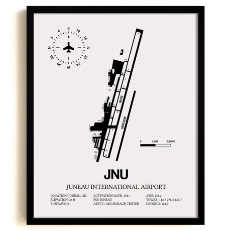 Framed Detailed Airport Map of Juneau International Airport (JNU) in White with a Black Frame