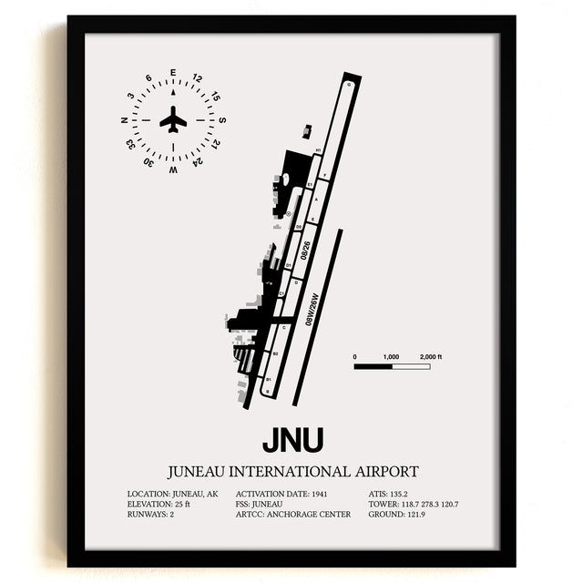Framed Detailed Airport Map of Juneau International Airport (JNU) in White with a Black Frame
