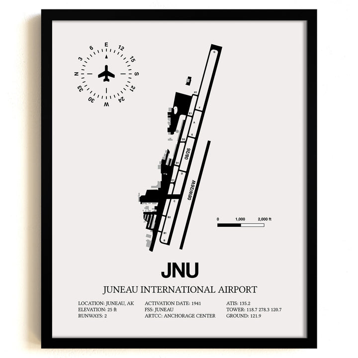 Framed Detailed Airport Map of Juneau International Airport (JNU) in White with a Black Frame