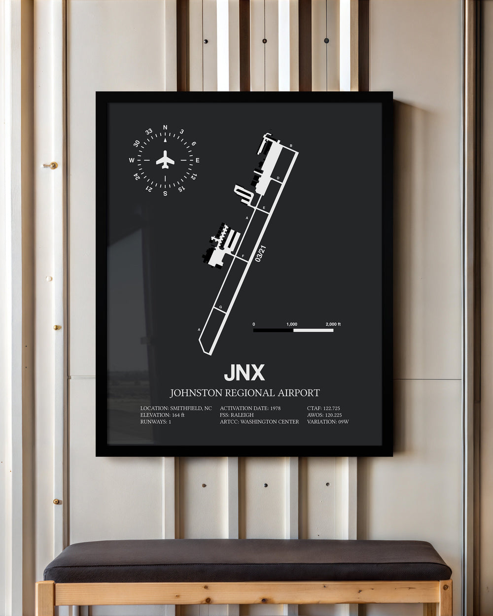 Framed Detailed Airport Map of Johnston Regional Airport (JNX) in Gray with a Black Frame