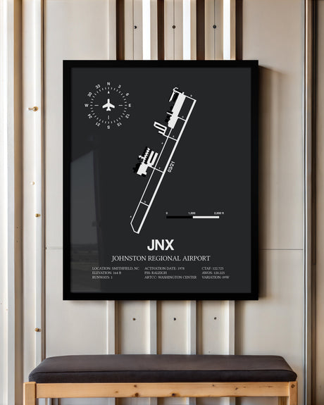 Framed Detailed Airport Map of Johnston Regional Airport (JNX) in Gray with a Black Frame