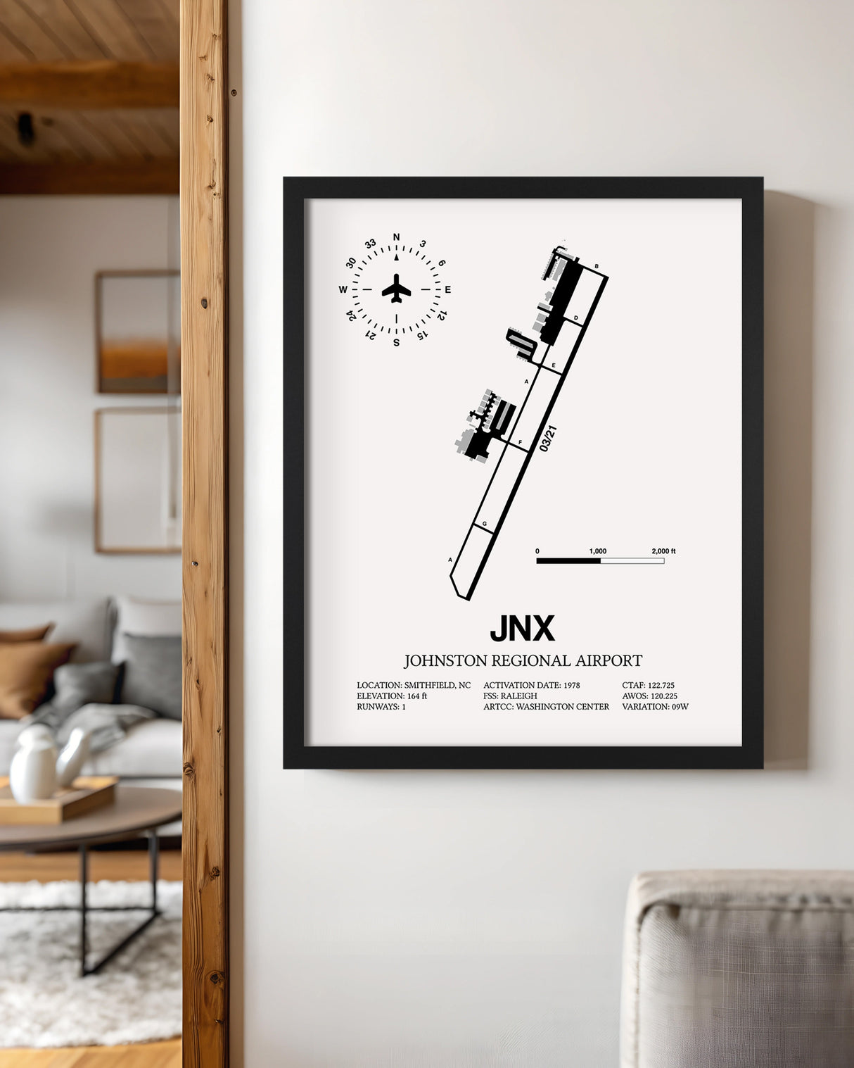 Framed Detailed Airport Map of Johnston Regional Airport (JNX) in White with a Black Frame