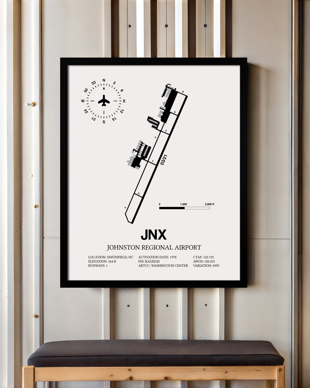 Framed Detailed Airport Map of Johnston Regional Airport (JNX) in White with a Black Frame