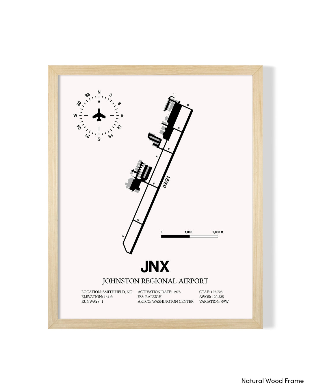 Detailed Airport Map of Johnston Regional Airport (JNX) in White with a Natural Frame