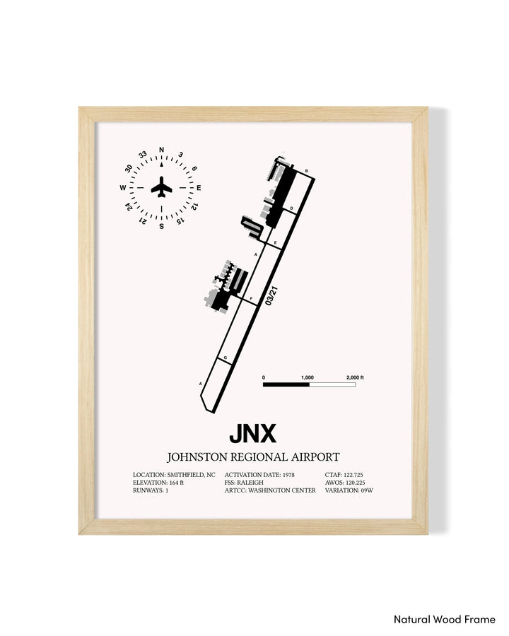 Detailed Airport Map of Johnston Regional Airport (JNX) in White with a Natural Frame
