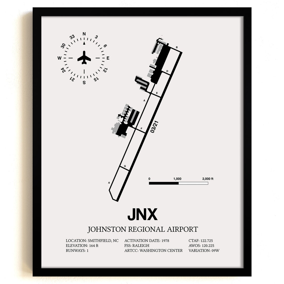 Framed Detailed Airport Map of Johnston Regional Airport (JNX) in White with a Black Frame
