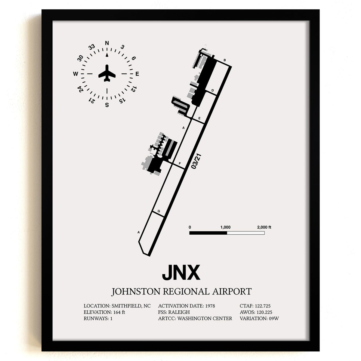 Framed Detailed Airport Map of Johnston Regional Airport (JNX) in White with a Black Frame