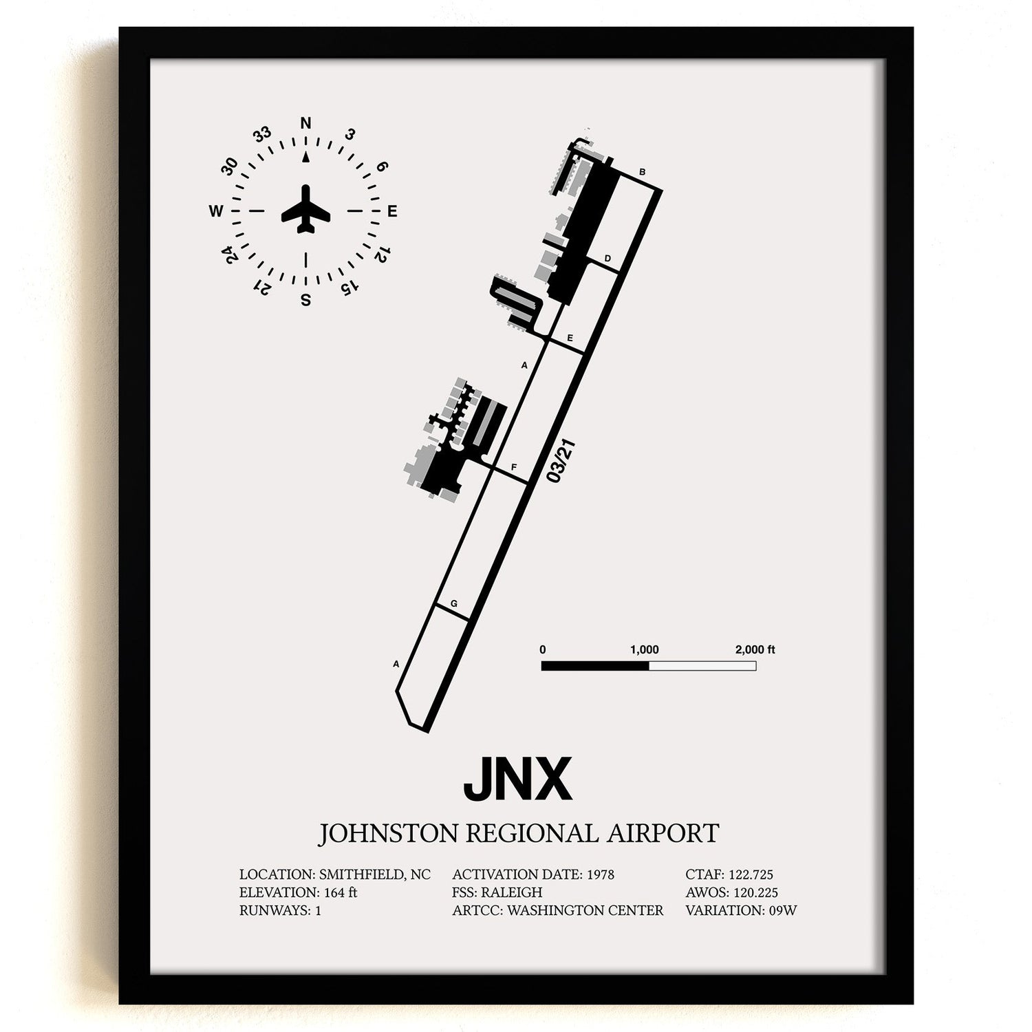 Framed Detailed Airport Map of Johnston Regional Airport (JNX) in White with a Black Frame