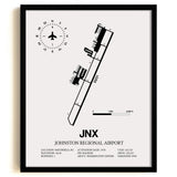 Framed Detailed Airport Map of Johnston Regional Airport (JNX) in White with a Black Frame