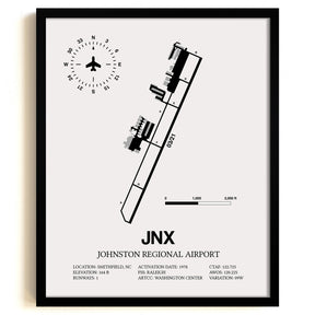 Framed Detailed Airport Map of Johnston Regional Airport (JNX) in White with a Black Frame