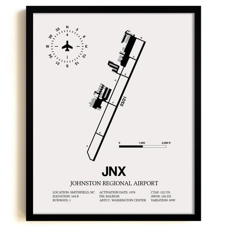 Framed Detailed Airport Map of Johnston Regional Airport (JNX) in White with a Black Frame