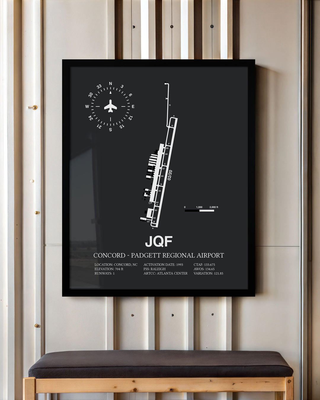 Framed Detailed Airport Map of Concord - Padgett Regional Airport (JQF) in Gray with a Black Frame
