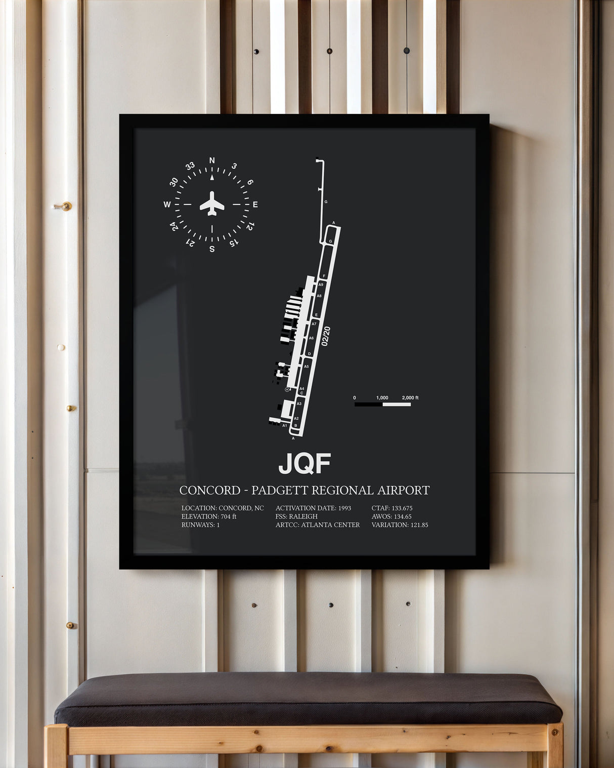 Framed Detailed Airport Map of Concord - Padgett Regional Airport (JQF) in Gray with a Black Frame