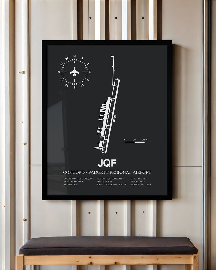 Framed Detailed Airport Map of Concord - Padgett Regional Airport (JQF) in Gray with a Black Frame