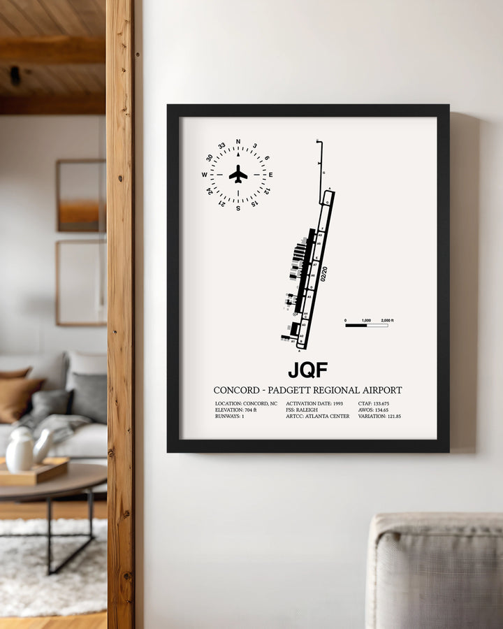 Framed Detailed Airport Map of Concord - Padgett Regional Airport (JQF) in White with a Black Frame