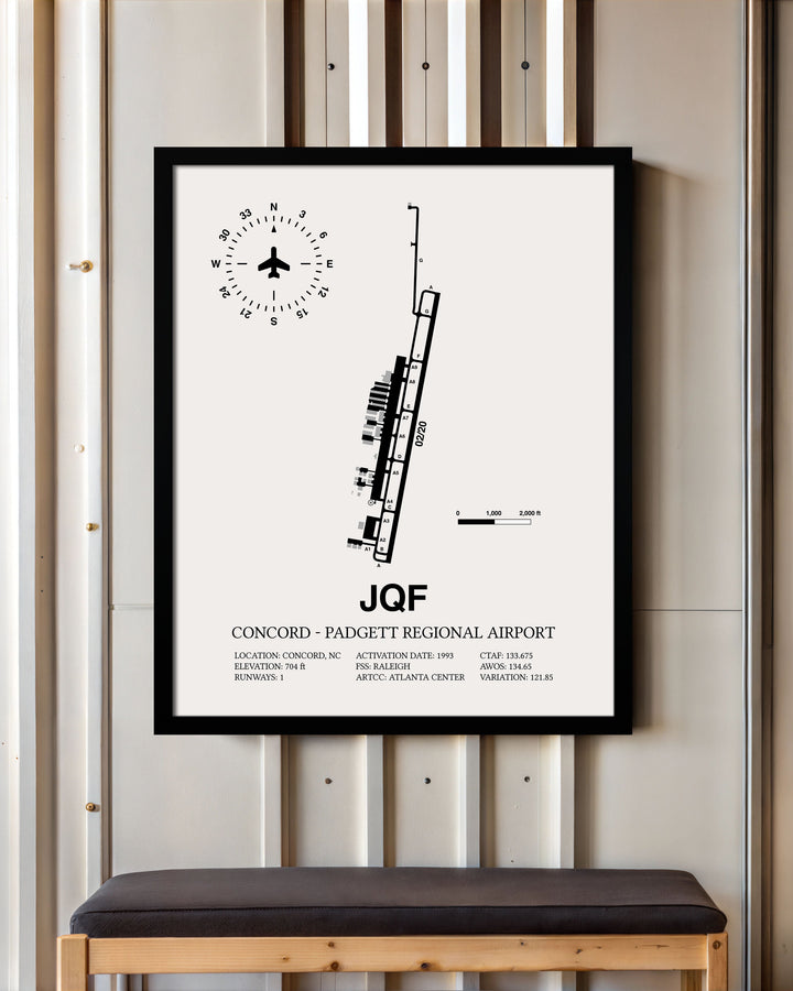 Framed Detailed Airport Map of Concord - Padgett Regional Airport (JQF) in White with a Black Frame