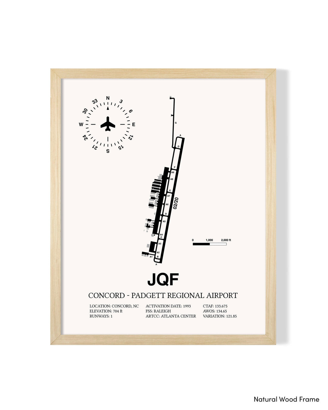 Detailed Airport Map of Concord - Padgett Regional Airport (JQF) in White with a Natural Frame