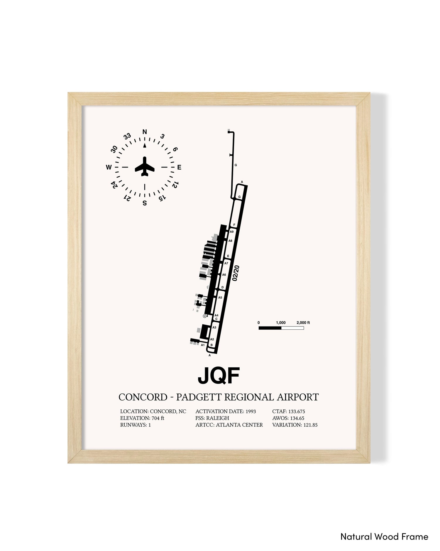 Detailed Airport Map of Concord - Padgett Regional Airport (JQF) in White with a Natural Frame