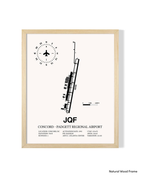 Detailed Airport Map of Concord - Padgett Regional Airport (JQF) in White with a Natural Frame
