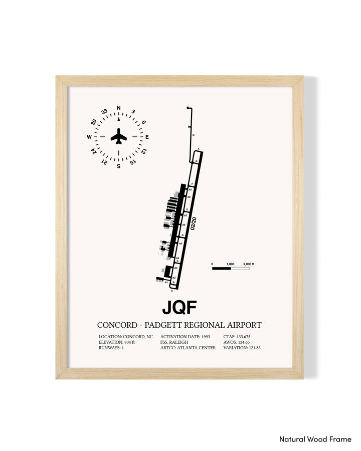 Detailed Airport Map of Concord - Padgett Regional Airport (JQF) in White with a Natural Frame