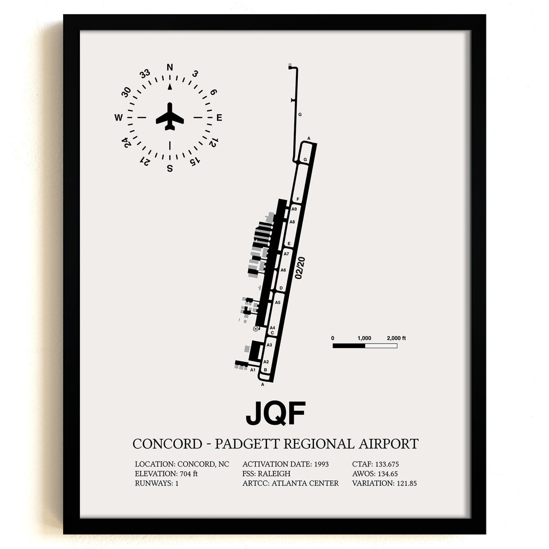 Framed Detailed Airport Map of Concord - Padgett Regional Airport (JQF) in White with a Black Frame