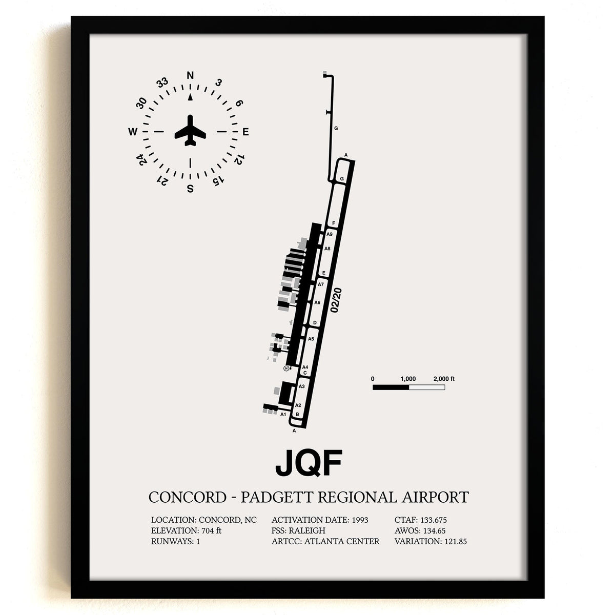 Framed Detailed Airport Map of Concord - Padgett Regional Airport (JQF) in White with a Black Frame