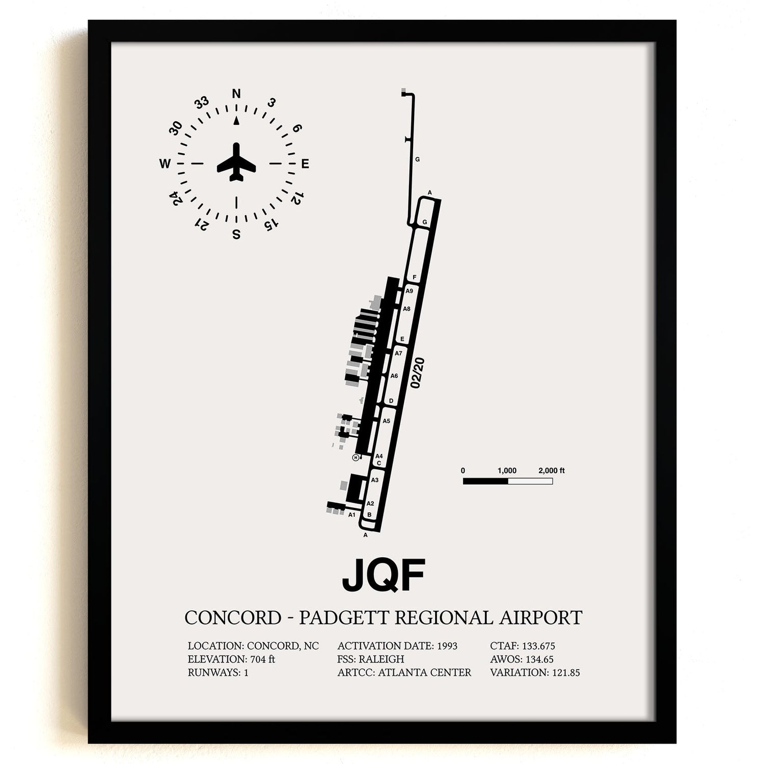 Framed Detailed Airport Map of Concord - Padgett Regional Airport (JQF) in White with a Black Frame