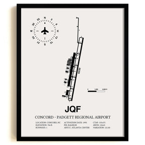 Framed Detailed Airport Map of Concord - Padgett Regional Airport (JQF) in White with a Black Frame