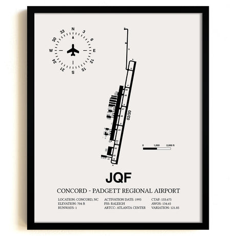 Framed Detailed Airport Map of Concord - Padgett Regional Airport (JQF) in White with a Black Frame