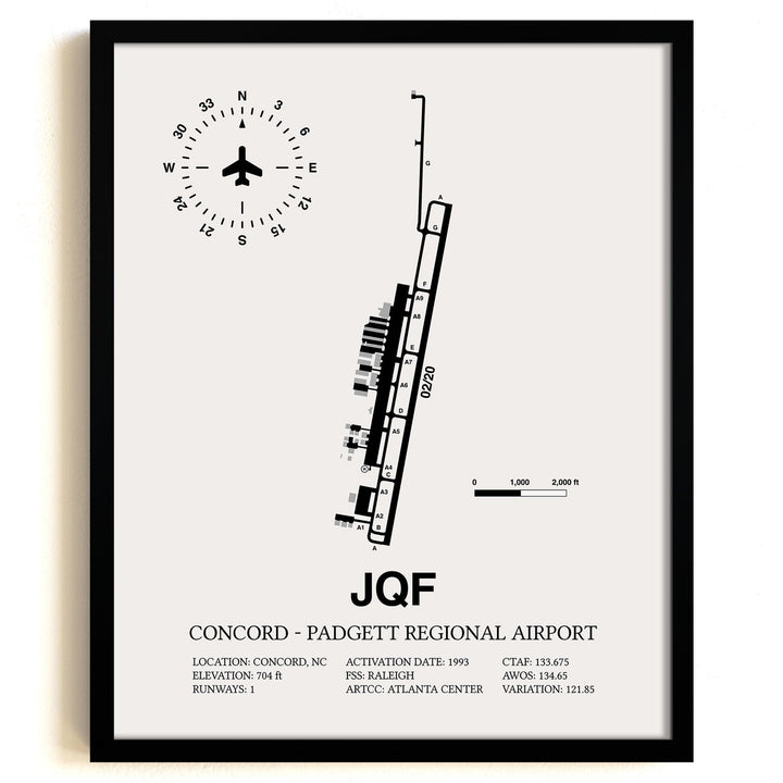 Framed Detailed Airport Map of Concord - Padgett Regional Airport (JQF) in White with a Black Frame