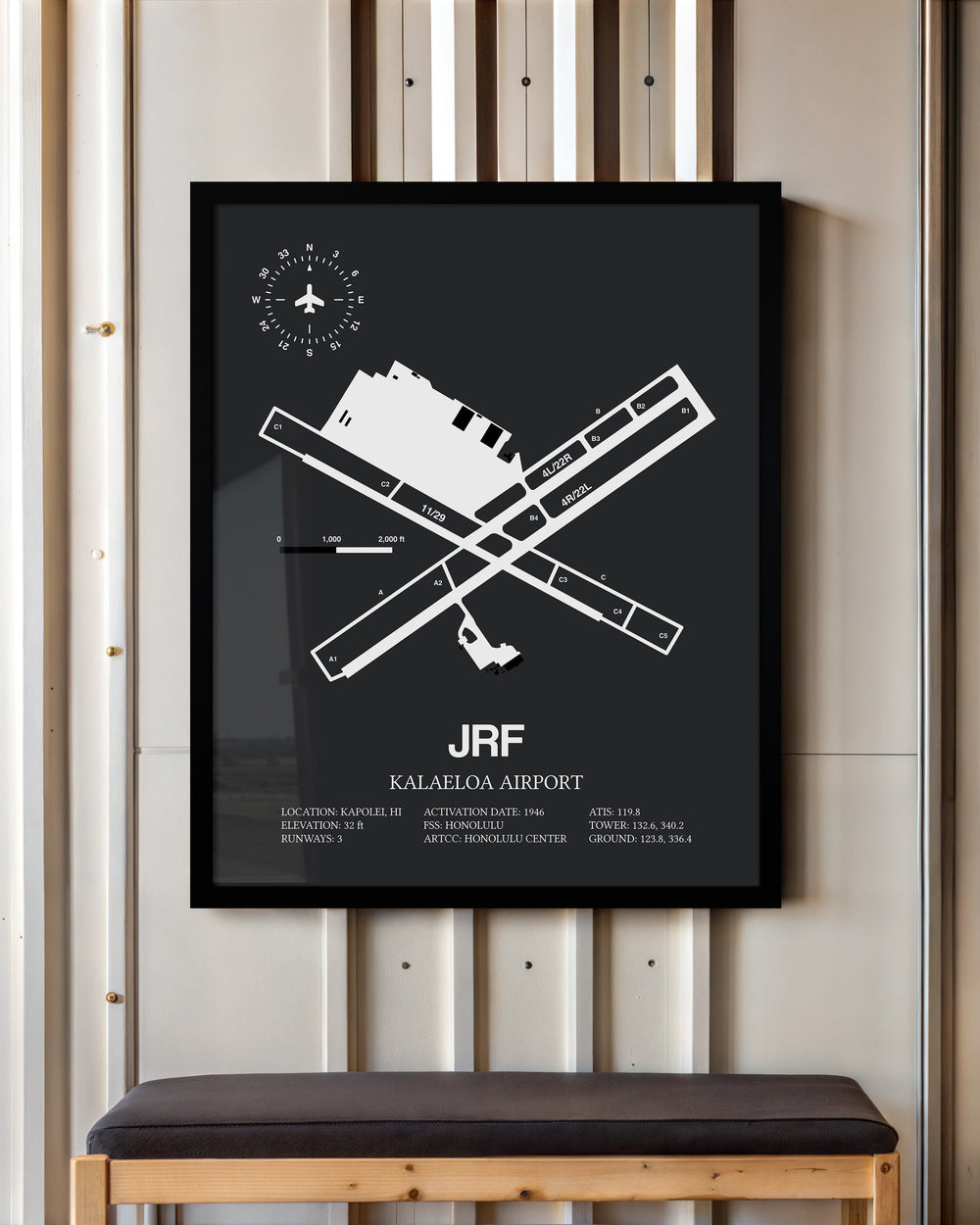 Framed Detailed Airport Map of Kalaeloa Airport (John Rodgers Field) (JRF) in Gray with a Black Frame