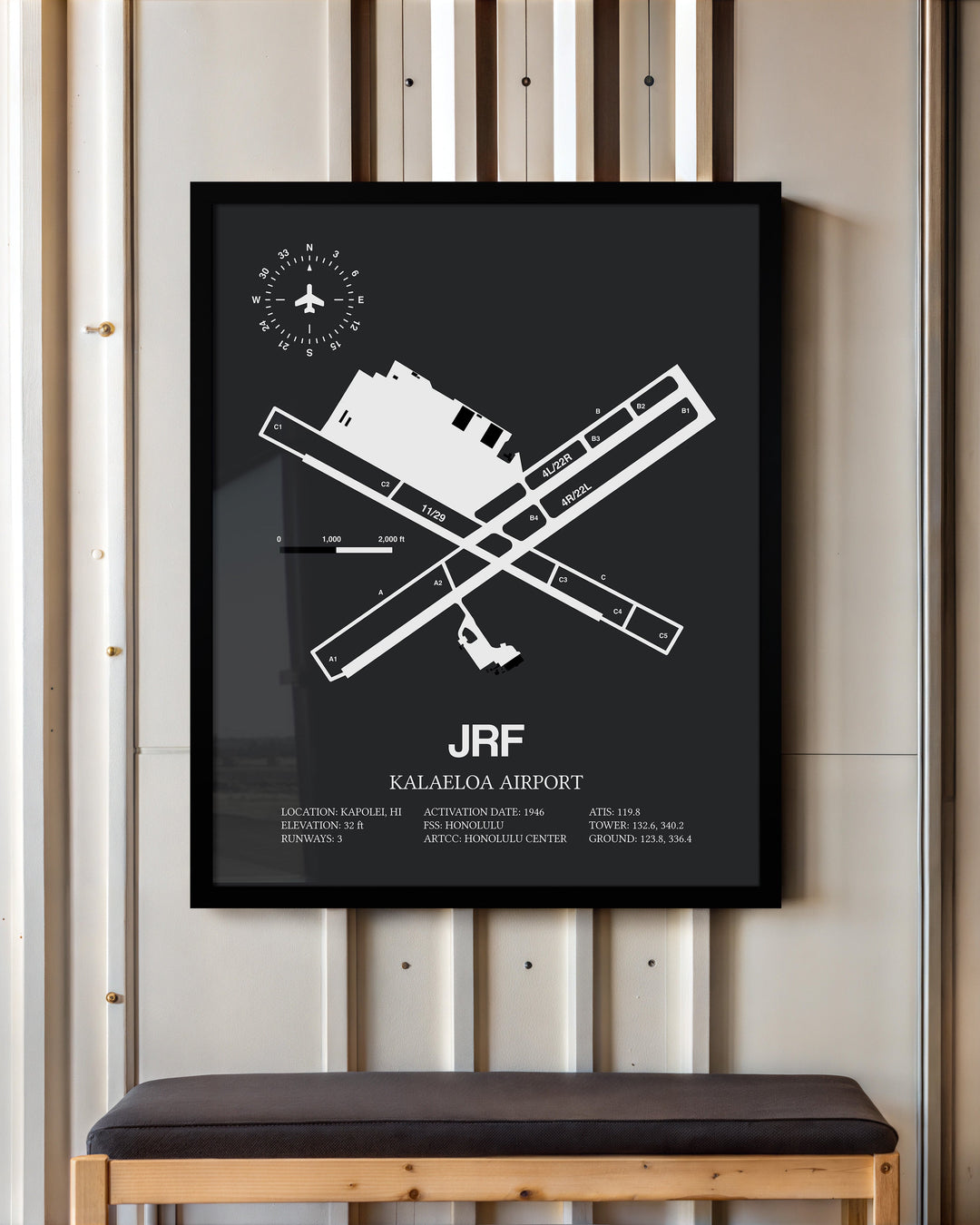 Framed Detailed Airport Map of Kalaeloa Airport (John Rodgers Field) (JRF) in Gray with a Black Frame