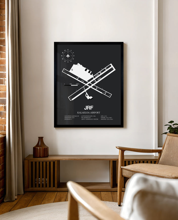 Framed Detailed Airport Map of Kalaeloa Airport (John Rodgers Field) (JRF) in Gray with a Black Frame