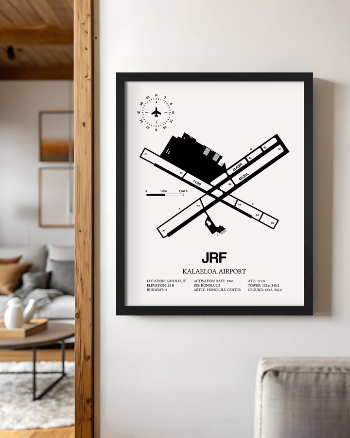 Framed Detailed Airport Map of Kalaeloa Airport (John Rodgers Field) (JRF) in White with a Black Frame