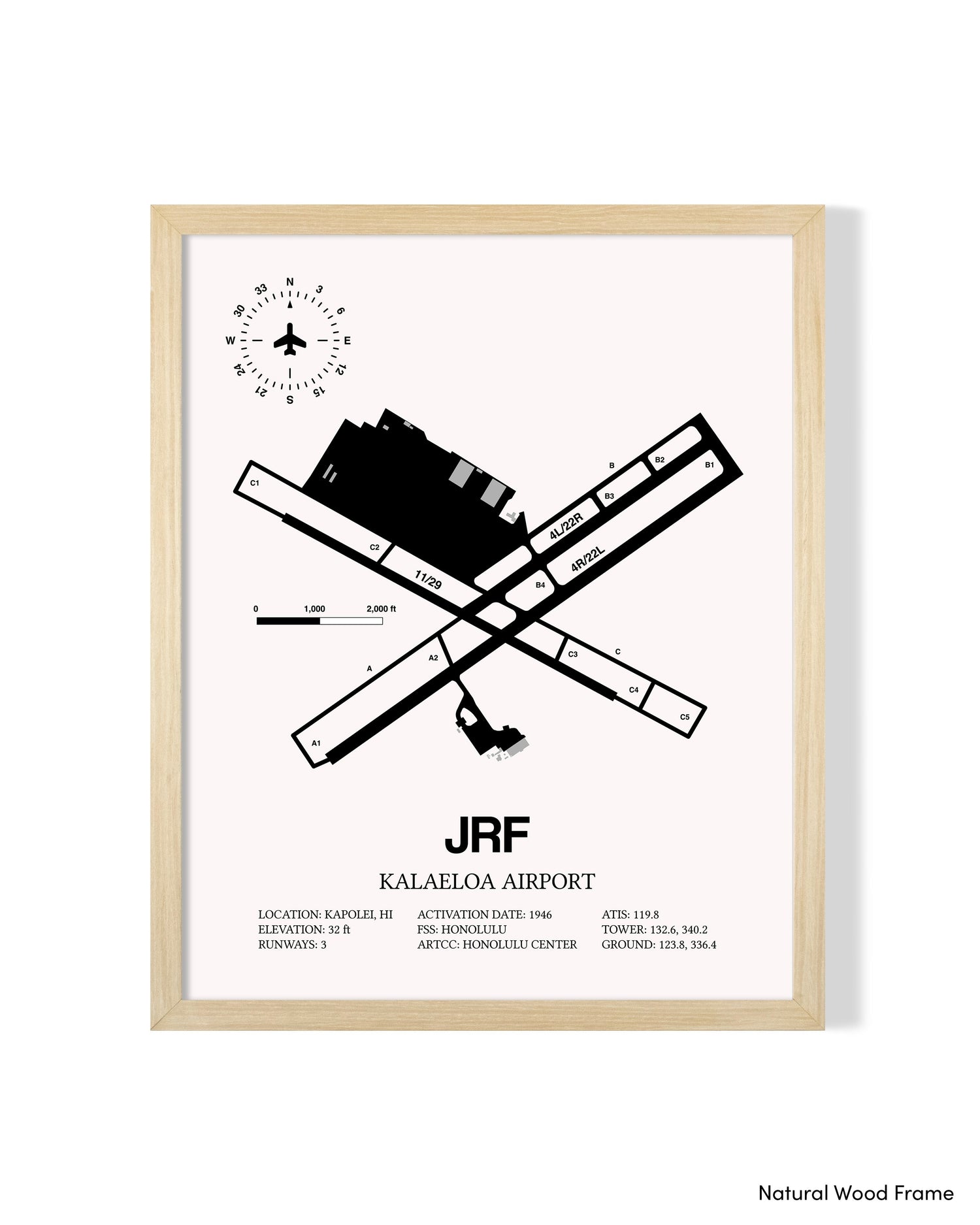 Detailed Airport Map of Kalaeloa Airport (John Rodgers Field) (JRF) in White with a Natural Frame