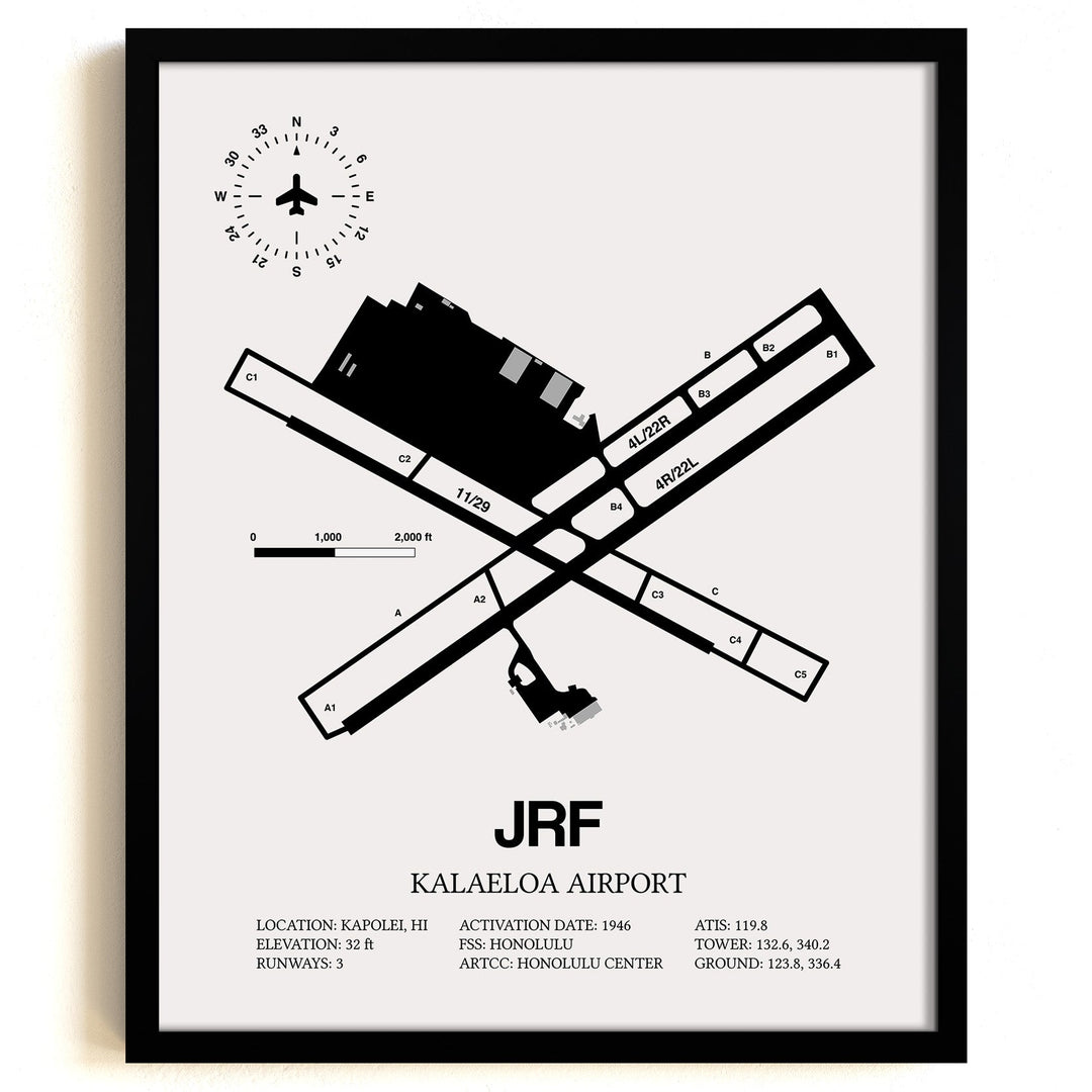Framed Detailed Airport Map of Kalaeloa Airport (John Rodgers Field) (JRF) in White with a Black Frame