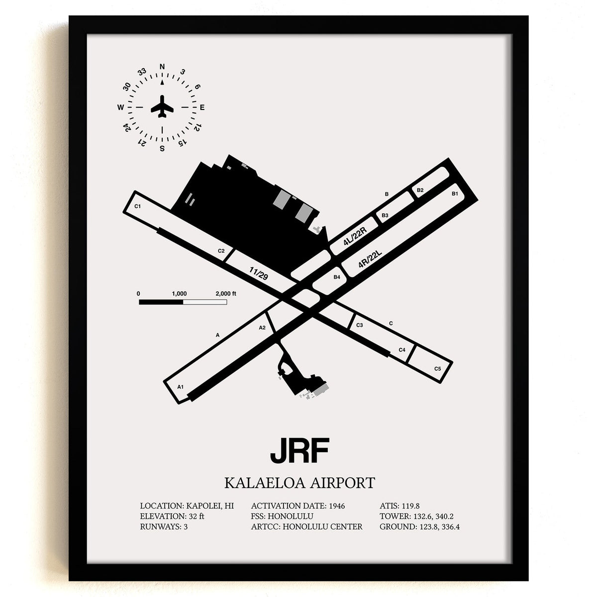 Framed Detailed Airport Map of Kalaeloa Airport (John Rodgers Field) (JRF) in White with a Black Frame