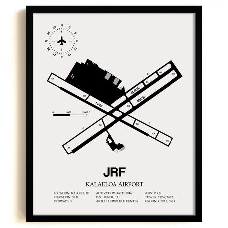 Framed Detailed Airport Map of Kalaeloa Airport (John Rodgers Field) (JRF) in White with a Black Frame