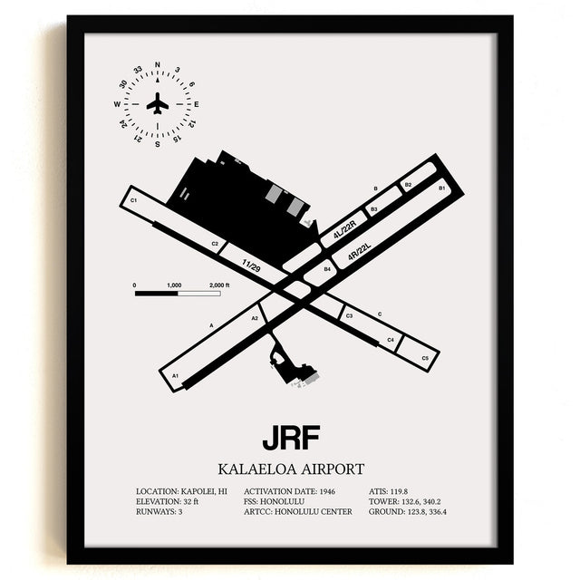 Framed Detailed Airport Map of Kalaeloa Airport (John Rodgers Field) (JRF) in White with a Black Frame