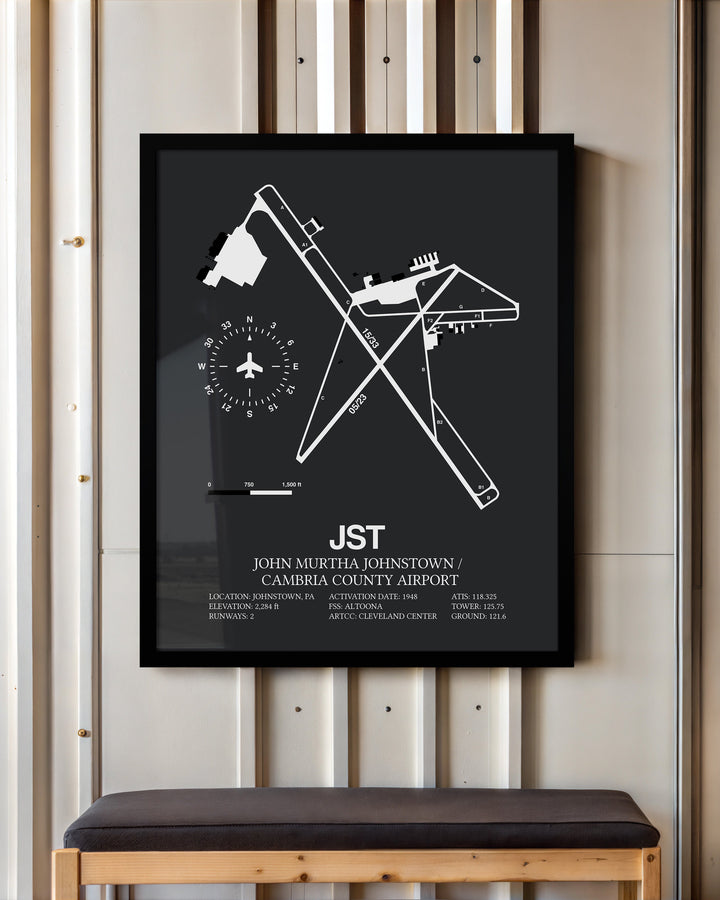 Framed Detailed Airport Map of John Murtha Johnstown / Cambria County Airport (JST) in Gray with a Black Frame