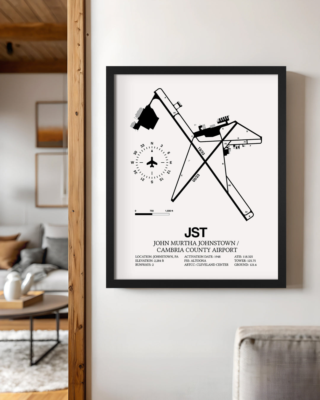 Framed Detailed Airport Map of John Murtha Johnstown / Cambria County Airport (JST) in White with a Black Frame