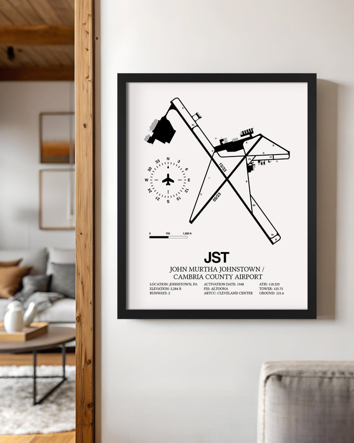 Framed Detailed Airport Map of John Murtha Johnstown / Cambria County Airport (JST) in White with a Black Frame