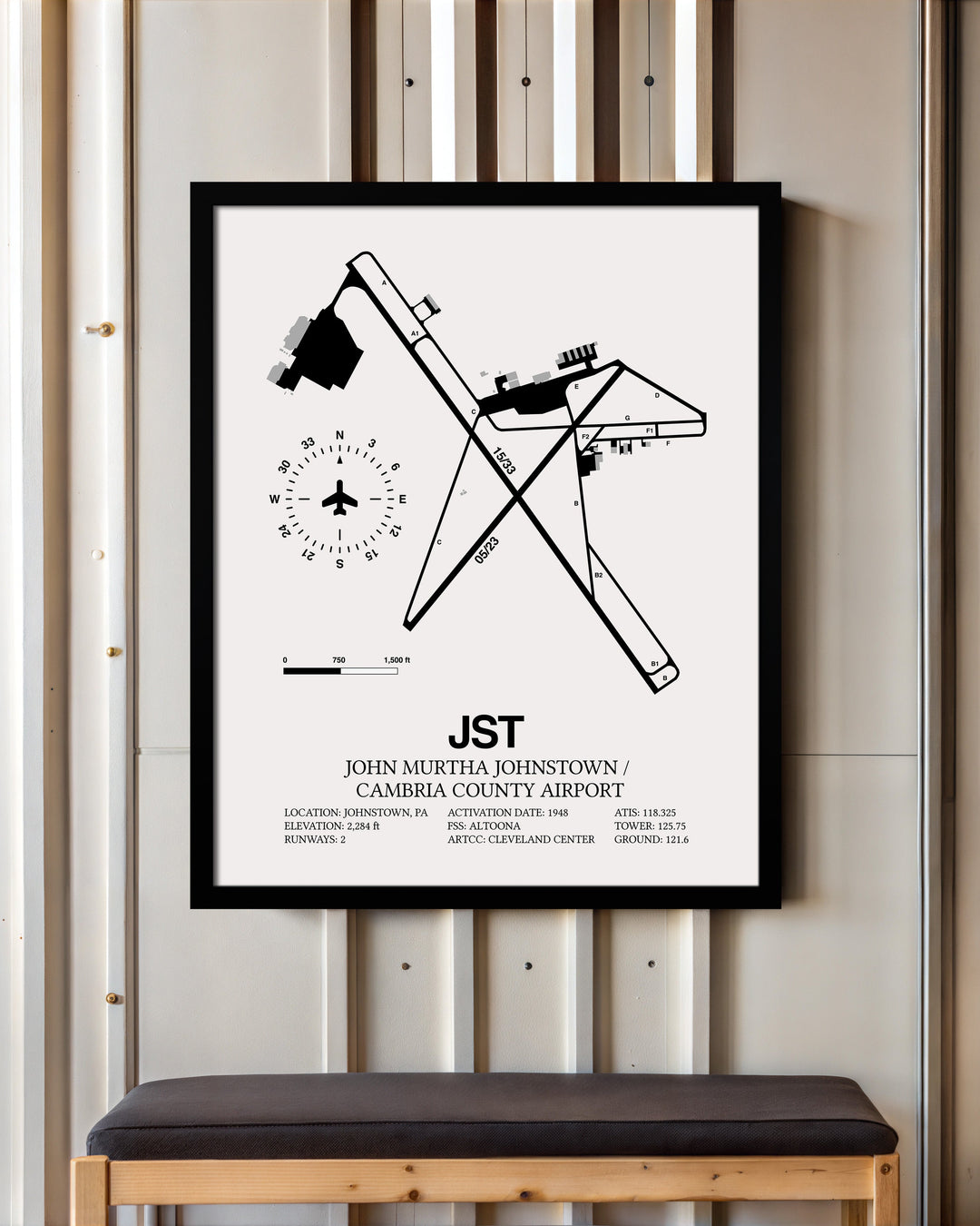 Framed Detailed Airport Map of John Murtha Johnstown / Cambria County Airport (JST) in White with a Black Frame
