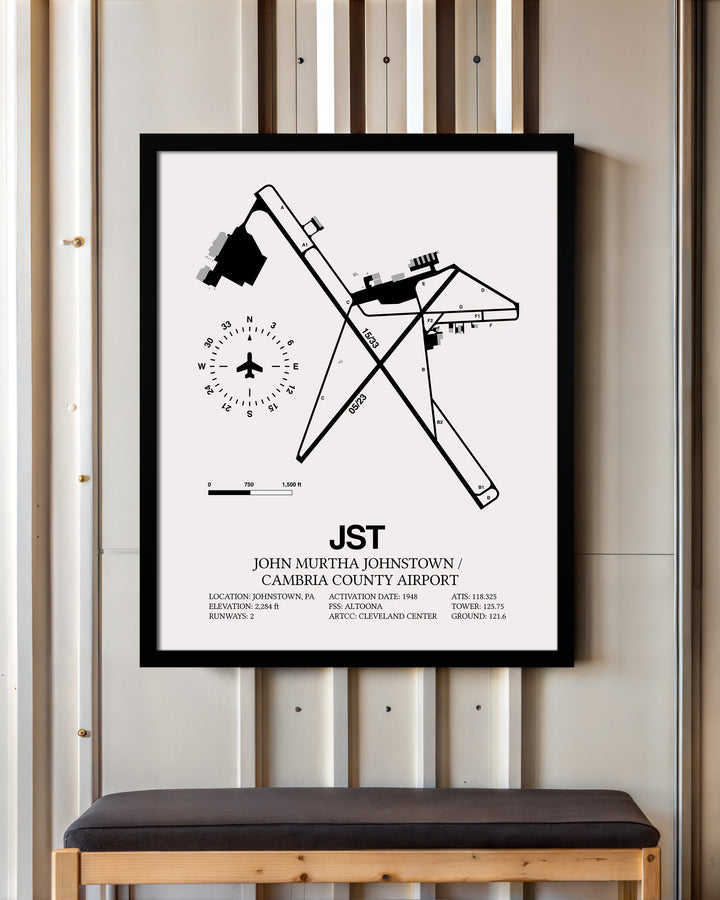 Framed Detailed Airport Map of John Murtha Johnstown / Cambria County Airport (JST) in White with a Black Frame