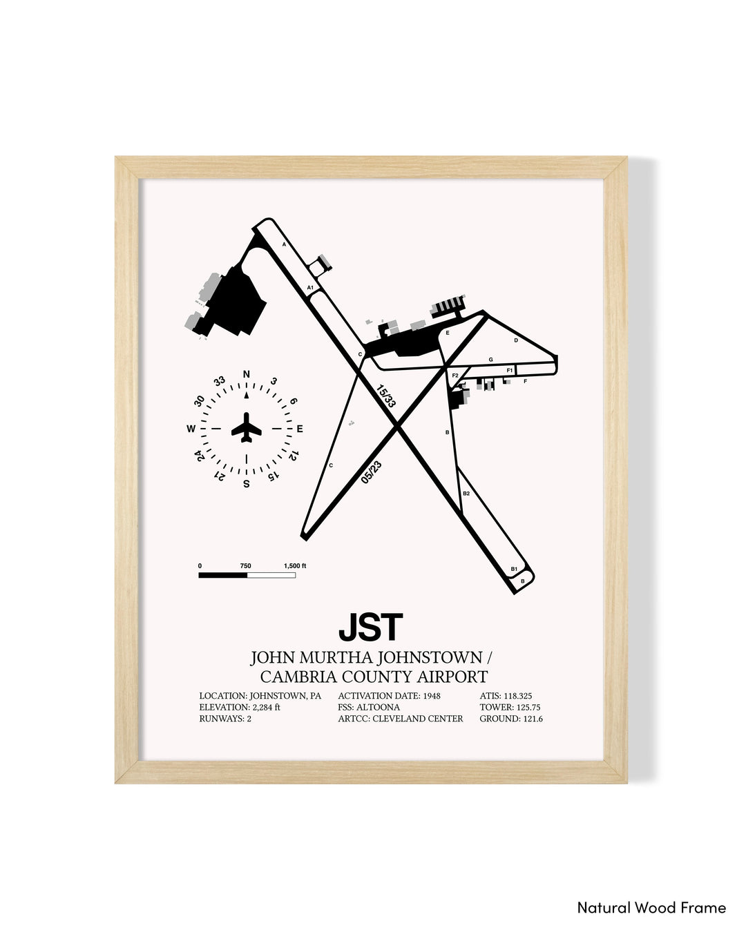 Detailed Airport Map of John Murtha Johnstown / Cambria County Airport (JST) in White with a Natural Frame